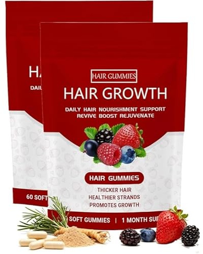 Gomitas para el crecimiento del cabello, 60 gomitas, gomitas de crecimiento del cabello para mujeres negras, soportan un cabello más grueso, fuerte y de aspecto más saludable, sabor a bayas mixtas (2