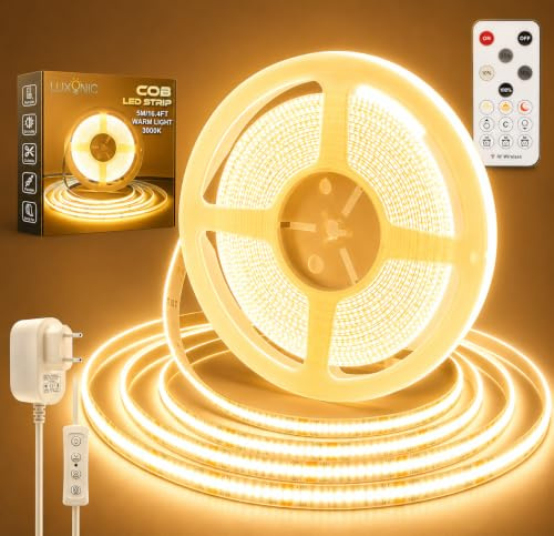 LUXONIC COB LED Streifen 3000K Warmweißes Dimmbare 5M für Schränke | 24V Super Hell Silikon Flexibel LED Strip für Schlafzimmer,Küche Beleuchtung Deko,Selbstklebend Lichtband mit Fernbedienung