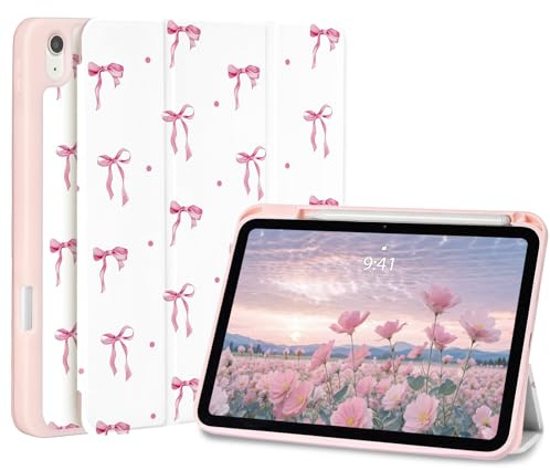 Fycyko Hülle mit Schleife für iPad (A16) 11.Generation 2025/10. Generation 10,9 Zoll 2022,Ästhetisches,Schutzhülle mit Stifthalter Trifold Ständer,Cute Rosa Bänder-Schleifenmuster Punkte Case