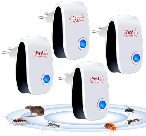 Repelente Ultrasónico de Plagas 4 Piezas, Antimosquitos Eléctrico Enchufe | para Control de Insectos, Ahuyentador de Ratones, Cucarachas, Hormigas, Moscas y Arañas, Seguro para Mascotas y Bebés