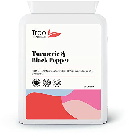 Troo Health Care Turmeric Supplement (500 mg) | 60 Capsules with Black Pepper Extract Piperine | Provides 95% Standardisation of Curcumin | UK Manufactured