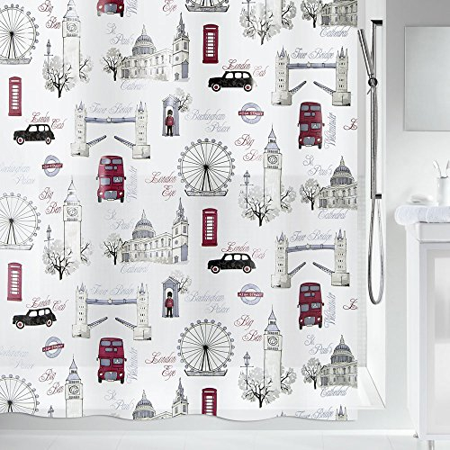 Spirella Anti-Schimmel Duschvorhang - Anti-Bakteriell, waschbar, wasserdicht - Peva, „Westminster“ 180x200cm London Bunt