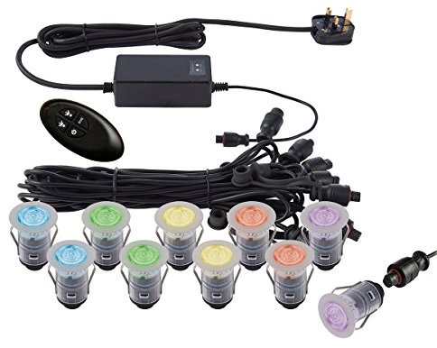 IKON PRO Pack of 10 Multi Colour (RGB) LED 25mm Round Stainless Steel Outdoor Garden Decking Pathway Kitchen Plinth Lights Kit - IP67