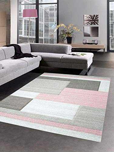 CARPETIA Moderner Teppich Kurzflor Wohnzimmerteppich Konturenschnitt Karo abstrakt Pastell rosa grau Taupe Größe 240 x 340 cm