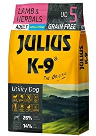 Julius K-9 Arbeitshund Erwachsenen Lamm & Kräuter getreidefreies, glutenfreies Hunde-Trockenfutter, 1er Pack (1 x 10 kg)