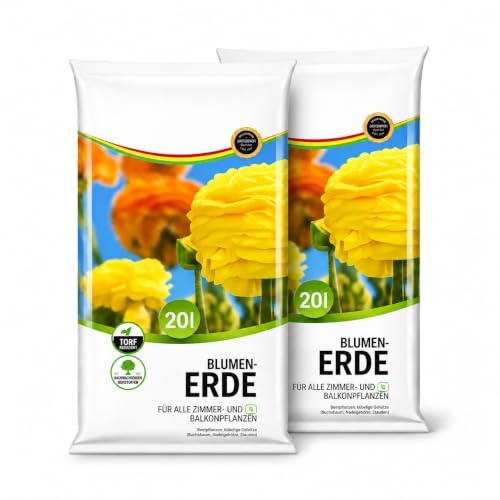 Blumenerde 2x20L – Universalerde für Zimmerpflanzen, Balkonpflanzen & Gartenpflanzen – Garten Erde torfreduziert – mit Grüngutkompost – Pflanzenerde hohe Wasserspeicherkapazität & HLKauf-Block