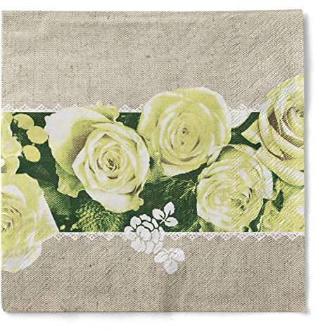 Mank Servietten aus Tissue 33 x 33 cm | 1/4 Falz Dinner Serviette | hochwertige Einmal-Serviette | 100 Stück | Lovely Roses (Gelb)