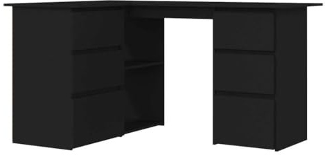 vidaXL Corner Desk with Drawers and Shelves Durable Home Office Furniture Computer Study Table Laptop Workstation Black 145cm Chipboard