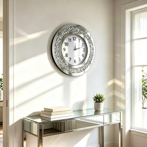 DMDFIRST Runde Wanduhr mit Kristallsteinen, verspiegelt, 40,6 x 40,6 x 5,1 cm, für Wanddekoration, silberfarbenes Glas, Spiegeluhr, funkelnd, glitzernd, Heimdekoration AA-Batterie ist nicht im