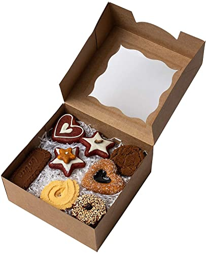PIQIUQIU Braune Kraftpapier Geschenkboxen für Gebäck mit Sichtfenster (24 Stk) – 10,2x10,2x6,7cm kraftpapier kuchen boxen keksschachtel pralinenschachtel