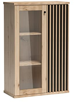 Vitrine Weren WE03, Standvitrine mit 2 Türen und Fächer, gedämpftem Schließsystem, Vitrineschrank, Glasvitrine für Wohnzimmer (ohne Beleuchtung, Artisan/Schwarz + Artisan Lamellen)