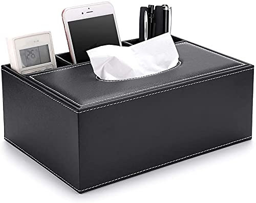 Porta fazzoletti in Pelle, Scatola di fazzoletti Cosmetici, Porta Fazzoletti Rettangolare, Portatovaglioli Nero in Pelle, Distributore di Fazzoletti con Coperchio, per Il Bagno dell'Home Office