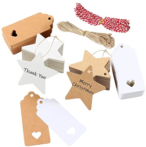200 Stück Weihnachten Kraftpapier Etiketten, Weihnachtsgeschenkanhänger, Geschenkanhänger Kraftpapier Tags Anhängeschilder mit 10m Hanfseil + 10m Rotes Seil für Dekorieren von Weihnachtsbaum