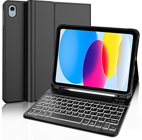 IVEOPPE Funda iPad 10/11 Generación con Teclado, Teclado Español Ñ Desmontable Inalámbrico Bluetooth Retroiluminado para iPad 10.ª Gen 2022 10.9/11.ª Gen 2025 11, Negro