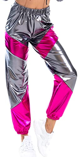 Damen Metallic Glänzed Hose Elastischer Sporthose Locker Holographische Sweathose Jogginghose Hologram Laser Baggyhose Disco Clubwear Hip Hop Punk Hosen Jogger Sweatpants Streetwear Grau + Rose L