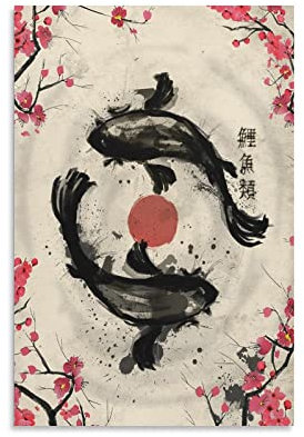 GENGSHENG Japanische Retro Tinte Malerei Sakura Yin Yang Koi Fisch Kunstdruck Wandbild Leinwand Malerei Heimdekoration Für Wohnzimmer Schlafzimmer ungerahmt 61 x 91 cm