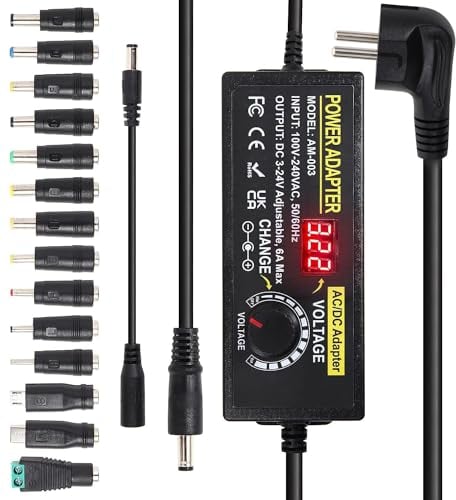 3-24V 6A 144W Einstellbares Netzteil, Universal Netzteiladapter 100V-240V AC zu DC 24 Volt Netzteil Konverter mit LED Spannungsanzeige, 14 Steckern und Polungskabeln für LED-Beleuchtung, Lautsprecher