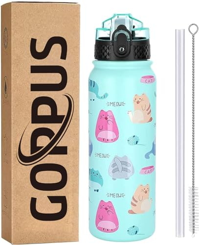 GOPPUS Botella Agua Acero Inoxidable 600ml/20oz con Pajita Botella Deportiva Aislada Frasco Frío con Pajita Botellas Agua Metal Abatibles Doble pared Termo a Prueba Fugas para Deportes Gimnasio