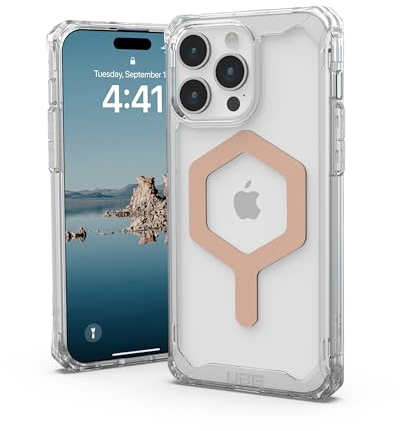 URBAN ARMOR GEAR UAG Hülle Kompatibel mit iPhone 15 Pro Max Hülle 6,7 Zoll Plyo Ice/Roségold Eingebauter Magnet Kompatibel mit MagSafe Charging Rugged Anti-Vergilbung Transparent Klar Schutzhülle