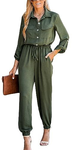 CUPSHE Damen Langarm Knopfleiste vorne Kordelzug Taille Maxi Jumpsuit Overalls Taschen Casual Plissee Lang Jumpsuit, Olivgrün, XS