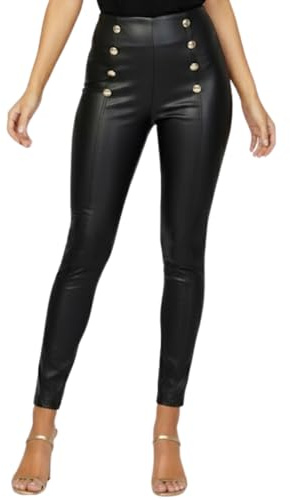 STAR FASHION Womens Wet Look Side Button Leggings Faux Leather Pants Ladies Gold Button High Waist Skinny Bottoms Legging Black 20-22