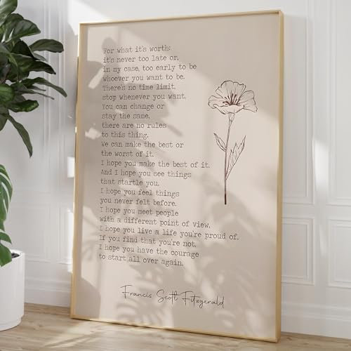 F. Scott Fitzgerald Poster, Vintage-Zitat, Wandkunst für Was es wert ist, Druck, minimalistisches Blumengemälde, Vintage, literarische Kunst, inspirierendes Zitat, Bilder, positive Ermutigung, Poster,