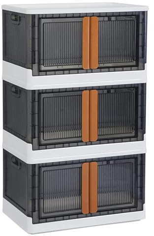 Everesta Stackable Storage Box with Doors -3 Pack 72L Large Capacity Plastic Folding Storage Box Front Open Bins with Lids Wheels Large Container for Snacks Pet Toys Christmas Decoration 64x40x37CM