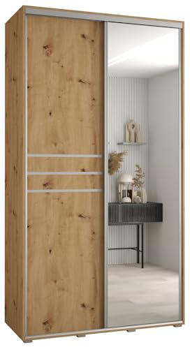 MEBLE KRYSPOL Davos 11 140 Schrank mit Zwei Schiebetüren für Schlafzimmer - Moderner Schrank mit Spiegel, Kleiderstange und Regalen - 235,2x140x60 cm - Artisan Artisan Silber