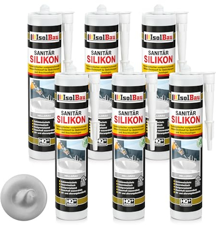 Isolbau Lot de 6 cartouches de silicone sanitaire - 300 ml - Gris clair - Mastic en silicone hautement élastique pour joints et joints - Résistant à la moisissure et à l'eau