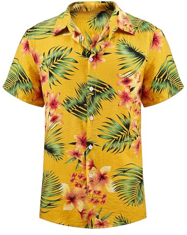 heekpek Hawaiian Shirt Men Floral Aloha Beach Shirt Casual Short Sleeve Summer Shirts for Beach Holiday Party, Yellow Leaf, M
