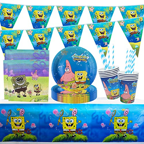 Partygeschirr Geburtstag Party Supplies Set, 52Pcs Cartoon Kinder Geburtstag Dekoration Set, Partyzubehör, Kindergeburtstag Deko Geschirr Kit Teller Becher Servietten Trinkhalme Tischdecke Wimpel