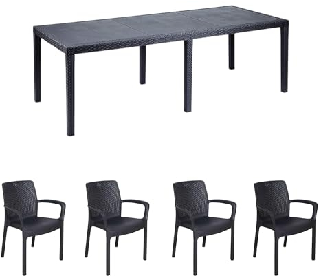 Dmora - Loungeset für draußen Manarola, ausziehbares Outdoor-Tisch mit 4 Stühlen, Gartentisch und Sitzgelegenheiten in Rattan-Optik, 100% Made in Italy, Anthrazit