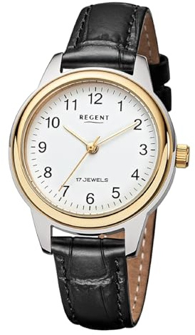 REGENT Damen Armbanduhr Analog Lederarmband schwarz URF1568 Analoguhr