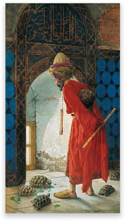 Leinwandgemälde von Osman Hamdi Bey. (Schildkrötentrainer) Druck auf Leinwand. Reproduktion von Leinwandkunstwerken, Poster, moderne Heimdekoration, Bilder, 50 x 90 cm (19,7 x 35,5), Nur Leinwand