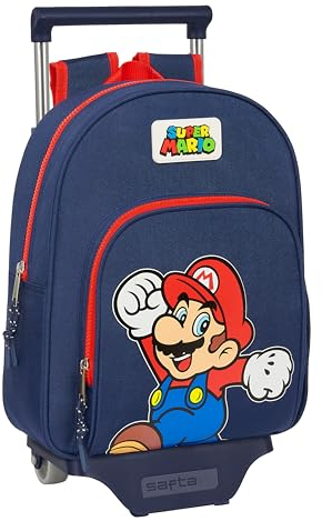 Safta SUPER MARIO WORLD - Mochila Infantil con Carro 705, Ideal para Niños de Diferentes Edades, Cómoda y Versátil, Calidad y Resistencia, 28x10x34 cm, Color Azul marino