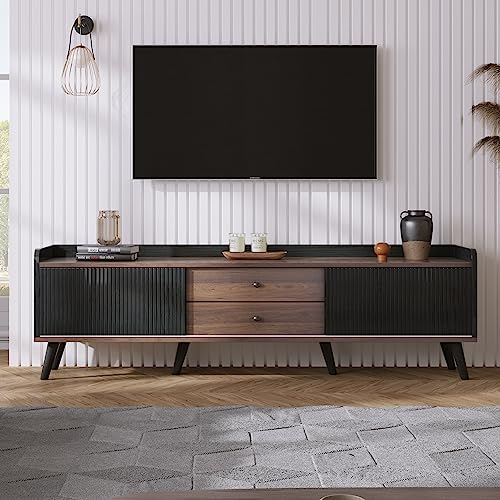 Kayan TV Lowboard TV-Schrank Fernsehschrank 160cm, Moderner TV-Lowboard mit Zwei Schubladen, Zwei gestreifte Schiebetüren, TV-Regal für Wohnzimmer und Esszimmer (Schwarz)