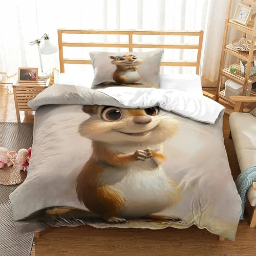 SANDUOHUA Ratte 3D Gedruckte Bettwäsche 2 Teilig Kleiner Chipmunk Bettbezügen Soft Microfaser Mit Kissenbezüge,für Erwachsene Und Kinder Single(135x200cm)