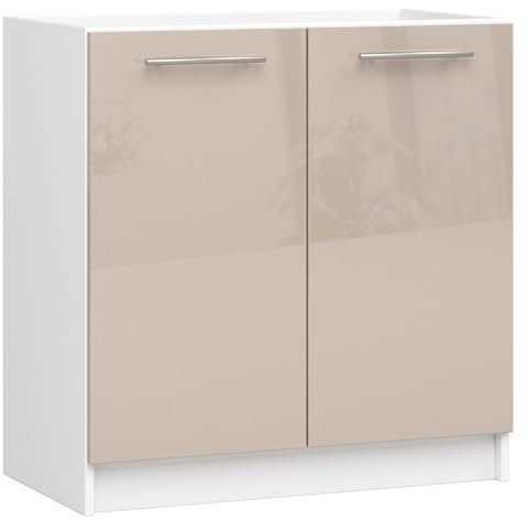 3E 3xE living.com Küchenspülenschrank: Zwei Türen, EIN Regal, Farbe: Weiß | Cappuccino-Glanz, A: B: 80 cm, H: 82 cm, T: 46 cm.