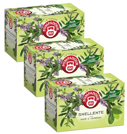 Pompadour, Tisana Snellente Plus con Matè e Verbena, 54 Filtri (3 Confezioni da 18 Filtri), Ideale per Ridurre il Senso di Fame, Senza Lattosio, Glutine e Allergeni, Vegan