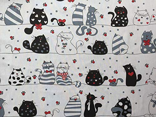 Keine Meterware, Stoffe zum Nähen, Stoff für Kinder, 100% Baumwolle, fest: 0,5m fester Baumwollstoff mit Tiere - Mädchen Kinderstoff mit Katzen Mäuse - schwarz weiß rot grau