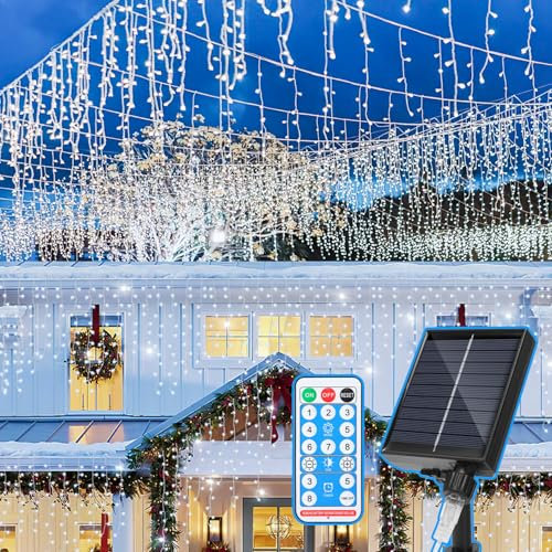 Fiqops Solar Eisregen Lichterkette Außen 5m Kaltweiß 198 leds Solarlichterkette mit batterie & fernbedienung lichterketten aussen für Party Garten Weihnachten Hochzeit Beleuchtung Deko