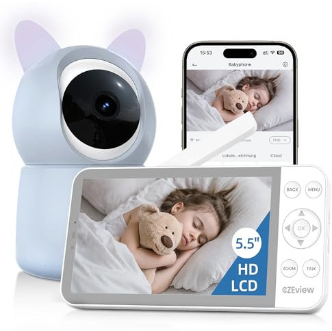 CZEview Vigilabebés con cámara y aplicación, 2 K/5,5 pulgadas, wifi, vídeo para bebé, visión nocturna, zoom pan-inclinado, luz nocturna inteligente, seguimiento automático, indicador de temperatura