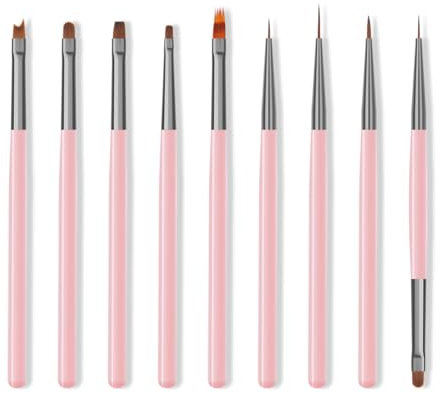 ZEOHBETY Lot de 9 pinceaux pour nail art, pinceaux professionnels pour nail art, pinceaux à pointe fine, rose