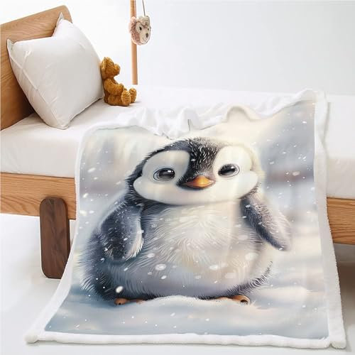 KARPIX Pinguin Decke Kuscheldecke Fleecedecke, Karikatur Pinguin Fleecedecke Polartier Kinderdecke Pinguine Wohndecke 150x200cm für Mädchen Jungen Kinder (7,130x150cm)