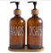 Distributeur de savon, en verre, 500 ml, avec plateau, distributeur de liquide vaisselle, distributeur de shampoing, distributeur de savon pour cuisine et douche (ambre)