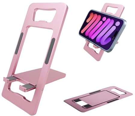 MyGiGi Foldable Cell Phone Stand for Desk, Portable Kickstand Aluminum Adjustable Cellphone Holder for Travel Office Compatible with iPhone 16 15 14 13 12 11 Pro Max Samsung S25 S24 S23 (Pink)