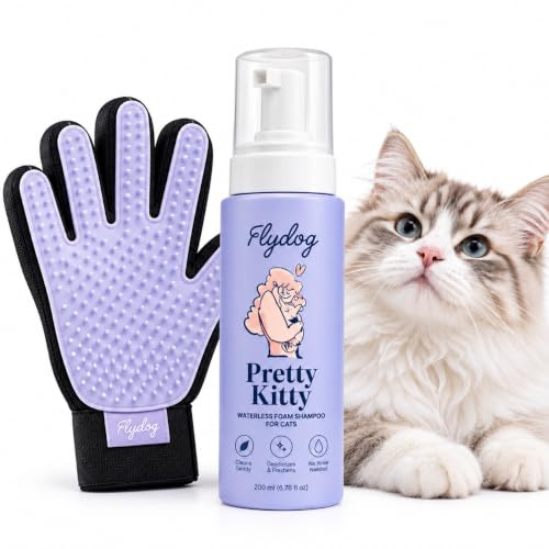 FlyDog Cat Dry Shampoo with Cat Grooming Glove, 200ML | Cat Shampoo for Indoor Cats, Gentle Dry-bath Alternative for Indoor & Outdoor Cats