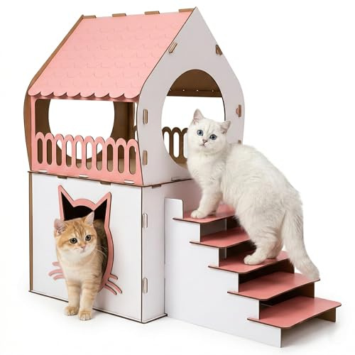 Zweistöckiges MDF Katzenhaus – Braun & Dunkelbraun – Werkzeugloser Aufbau – Größen XL, XXL, 3XL (Weiß & Rosa, XL)