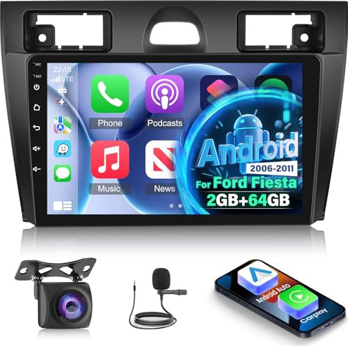 [2+64G] Android Radio de Coche para Ford Fiesta 2006-2011 con Inalámbrico Carplay & Android Auto: Radio con Pantalla Táctil de 9 Pulgadas con 5G/WiFi, DSP/EQ, GPS, Enlace Espejo + Cámara de Seguridad