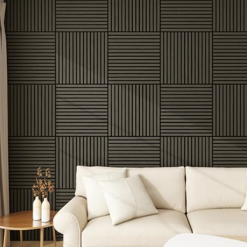 NEU.HOLZ Akustik Wandpaneele Vang 4er Set Wandverkleidung zum Kleben und Schrauben 1,44 m² Holzfurnier 3D Paneele geradlinige Lamellen in Eichenoptik, dunkelgrau